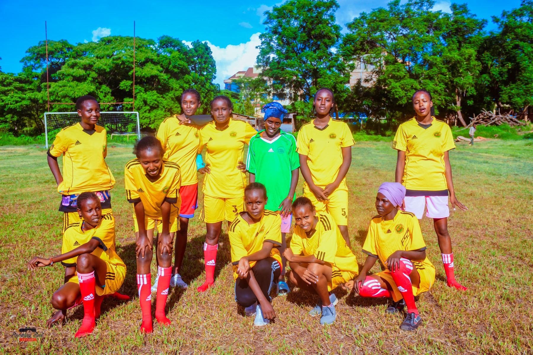 Girls' football team in yellow kits, formal portrait